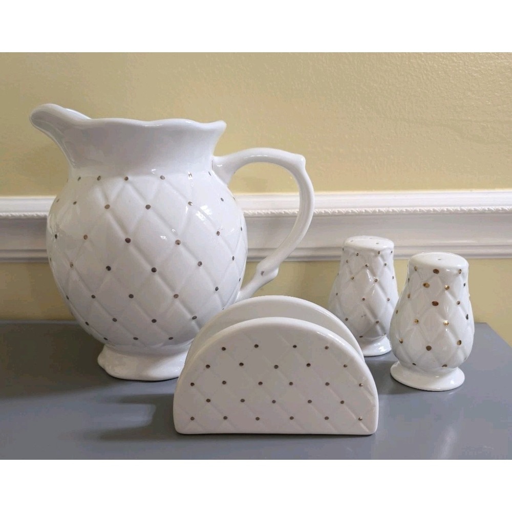 Tabletops Unlimited Golden Quilt Napkin Holder Pitcher Salt Pepper Shakers Lot